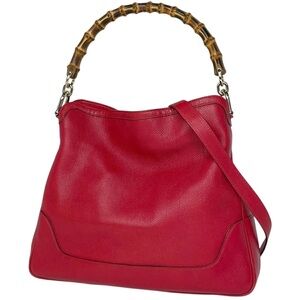Gucci Red Leather Shoulder Bag with Bamboo Handle.
